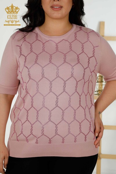 Wholesale Women's Knitwear Sweater Stone Embroidered Powder - 30317 | KAZEE - Thumbnail