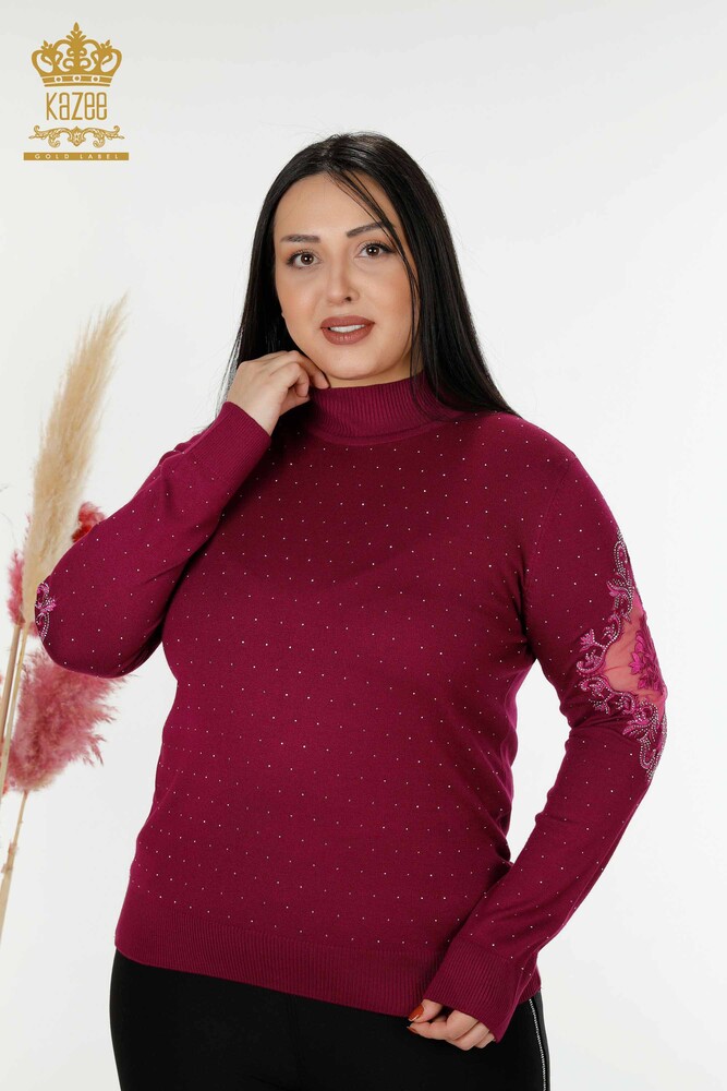 Wholesale Women's Knitwear Sweater Stone Embroidered Purple - 30014 | KAZEE - 1