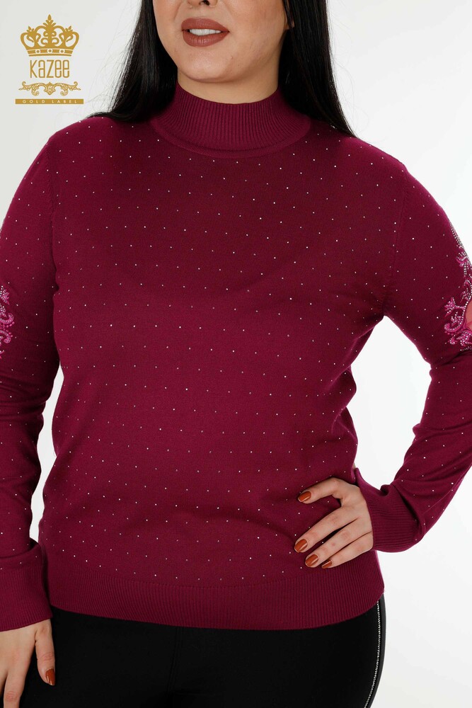 Wholesale Women's Knitwear Sweater Stone Embroidered Purple - 30014 | KAZEE - 2