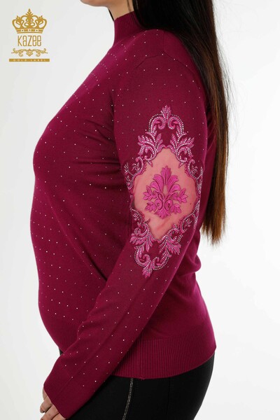 Wholesale Women's Knitwear Sweater Stone Embroidered Purple - 30014 | KAZEE - 4