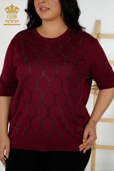 Wholesale Women's Knitwear Sweater Stone Embroidered Purple - 30317 | KAZEE - Thumbnail