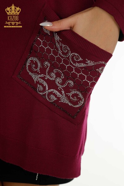 Wholesale Women's Knitwear Sweater Stone Embroidered Lilac - 30601 | KAZEE - Thumbnail
