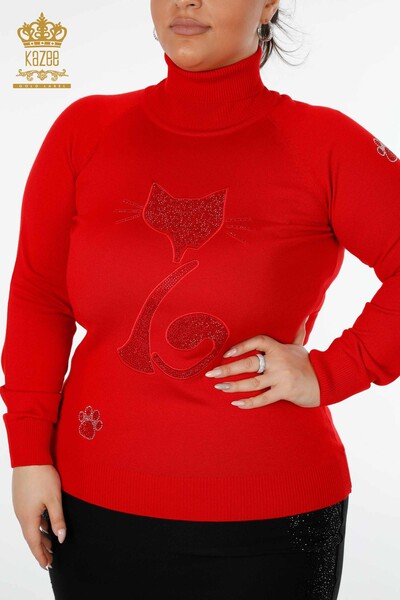 Wholesale Women's Knitwear Sweater Stone Embroidered Red - 15279 | KAZEE - Thumbnail