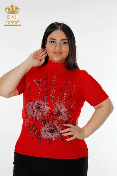 Wholesale Women's Knitwear Sweater Stone Embroidered Red - 16476 | KAZEE - Thumbnail