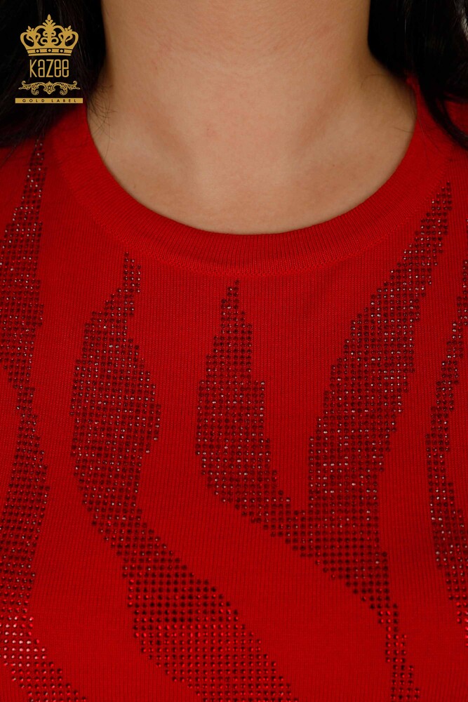 Wholesale Women's Knitwear Sweater - Stone Embroidered - Red - 16728 | KAZEE - 4