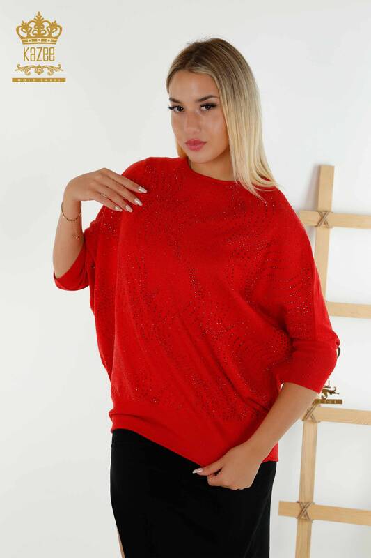 Wholesale Women's Knitwear Sweater Stone Embroidered Red - 16797 | KAZEE