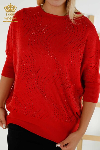 Wholesale Women's Knitwear Sweater Stone Embroidered Red - 16797 | KAZEE - Thumbnail