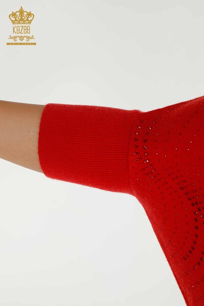 Wholesale Women's Knitwear Sweater Stone Embroidered Red - 16797 | KAZEE - Thumbnail