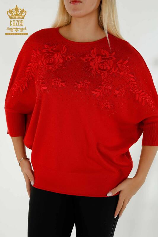 Wholesale Women's Knitwear Sweater Red with Stone Embroidery - 16799 | KAZEE