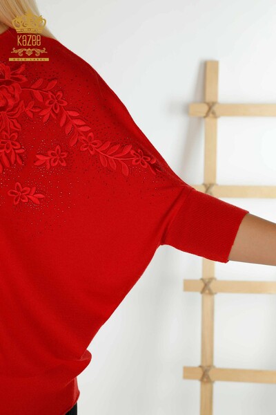 Wholesale Women's Knitwear Sweater Red with Stone Embroidery - 16799 | KAZEE - Thumbnail