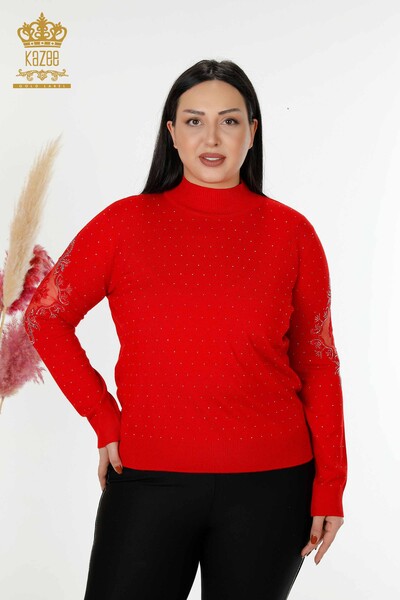 Wholesale Women's Knitwear Sweater Stone Embroidered Red - 30014 | KAZEE 