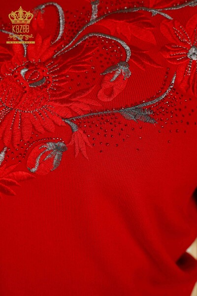 Wholesale Women's Knitwear Sweater Stone Embroidered Red - 30146 | KAZEE - Thumbnail