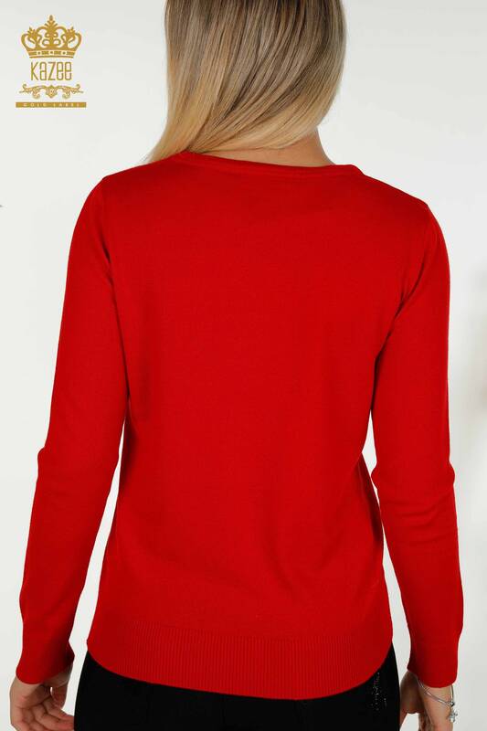 Wholesale Women's Knitwear Sweater Stone Embroidered Red - 30146 | KAZEE