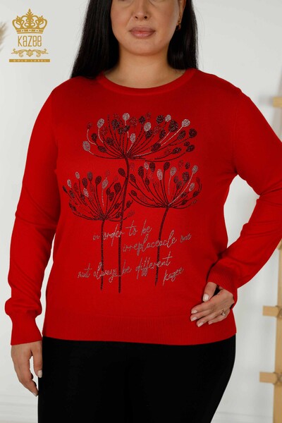 Wholesale Women's Knitwear Sweater Stone Embroidered Red - 30156 | KAZEE - Thumbnail