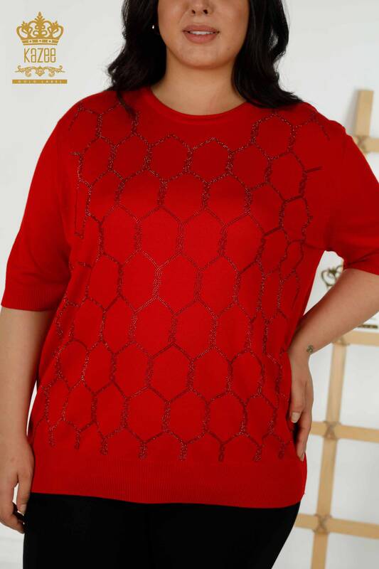 Wholesale Women's Knitwear Sweater Stone Embroidered Red - 30317 | KAZEE