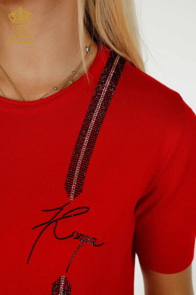 Wholesale Women's Knitwear Sweater - Stone Embroidered - Red - 30333 | KAZEE - Thumbnail