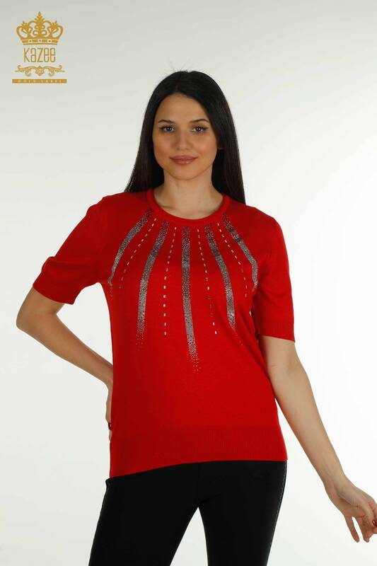 Wholesale Women's Knitwear Sweater Stone Embroidered Red - 30460 | KAZEE