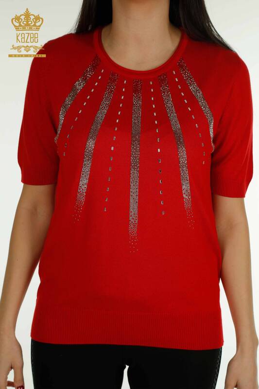 Wholesale Women's Knitwear Sweater Stone Embroidered Red - 30460 | KAZEE