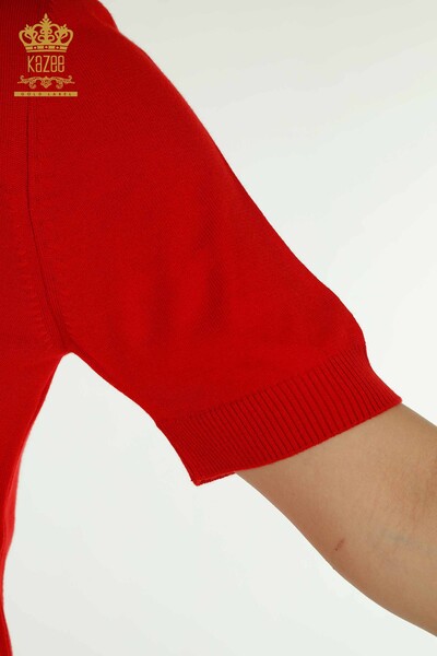 Wholesale Women's Knitwear Sweater Stone Embroidered Red - 30460 | KAZEE - Thumbnail