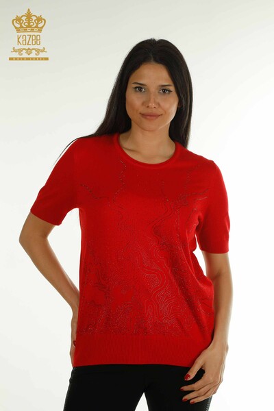 Wholesale Women's Knitwear Sweater Stone Embroidered Red - 30659 | KAZEE - Thumbnail