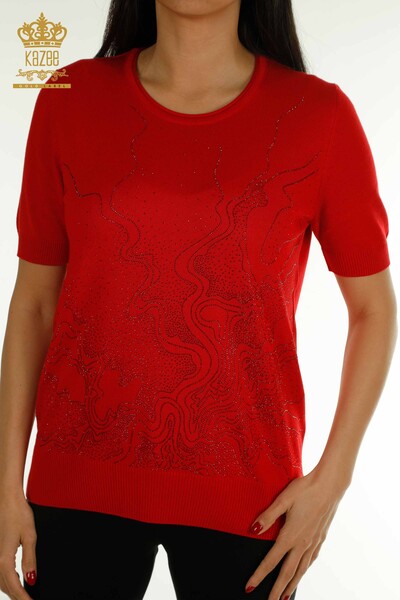 Wholesale Women's Knitwear Sweater Stone Embroidered Red - 30659 | KAZEE - Thumbnail
