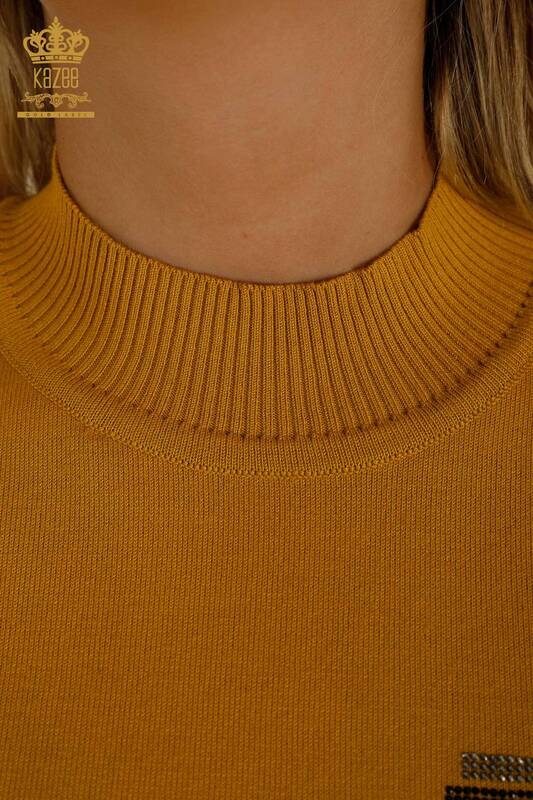 Wholesale Women's Knitwear Sweater Stone Embroidered Saffron - 30491 | KAZEE