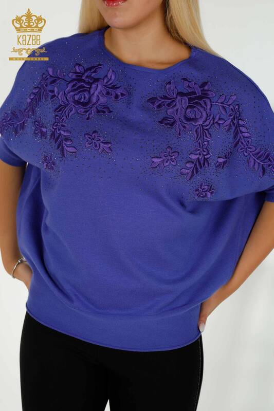 Wholesale Women's Knitwear Sweater Stone Embroidered Violet - 16799 | KAZEE