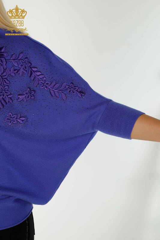 Wholesale Women's Knitwear Sweater Stone Embroidered Violet - 16799 | KAZEE