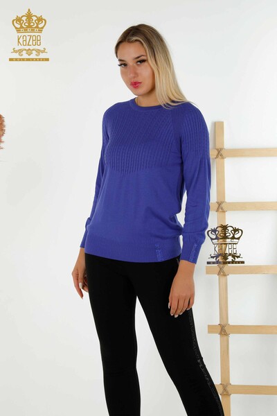 Wholesale Women's Knitwear Sweater - Stone Embroidered - Violet - 30104 | KAZEE - Thumbnail