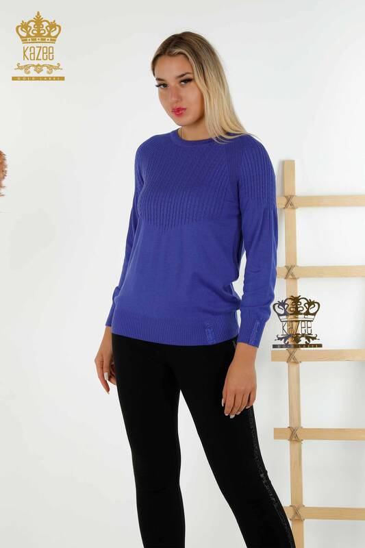 Wholesale Women's Knitwear Sweater - Stone Embroidered - Violet - 30104 | KAZEE