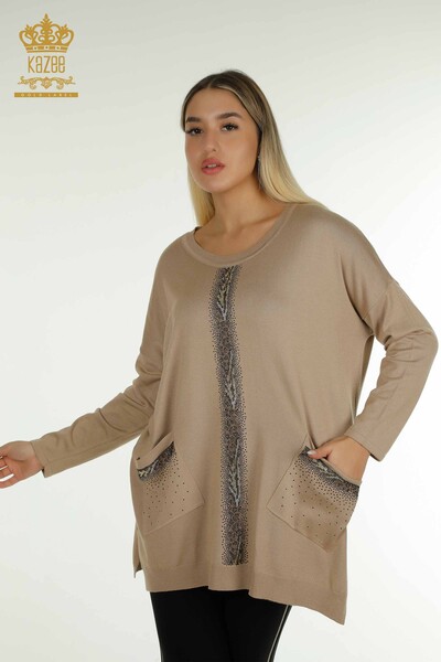 Wholesale Women's Knitwear Sweater Stripe Stone Embroidered Beige - 30621 | KAZEE - Thumbnail