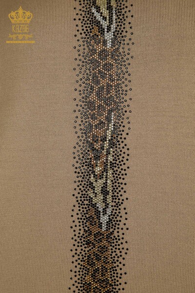 Wholesale Women's Knitwear Sweater Stripe Stone Embroidered Beige - 30621 | KAZEE - Thumbnail