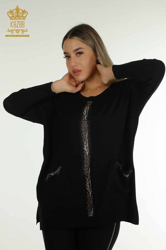 Wholesale Women's Knitwear Sweater Stripe Stone Embroidered Black - 30621 | KAZEE