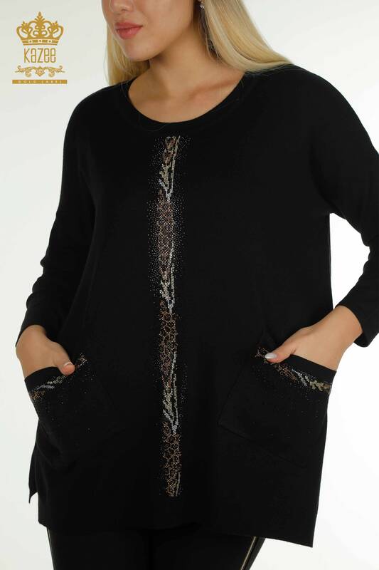 Wholesale Women's Knitwear Sweater Stripe Stone Embroidered Black - 30621 | KAZEE