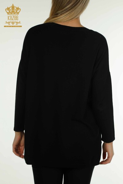 Wholesale Women's Knitwear Sweater Stripe Stone Embroidered Black - 30621 | KAZEE - Thumbnail