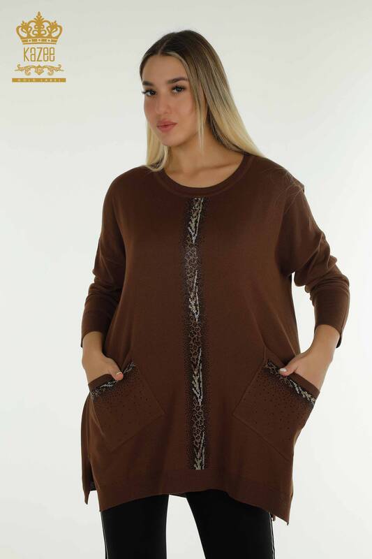 Wholesale Women's Knitwear Sweater Stripe Stone Embroidered Brown - 30621 | KAZEE