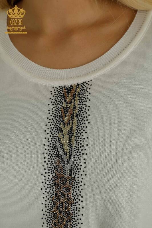 Wholesale Women's Knitwear Sweater Stripe Stone Embroidered Ecru - 30621 | KAZEE