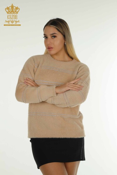 Wholesale Women's Knitwear Sweater Striped Angora Beige - 30680 | KAZEE - Thumbnail