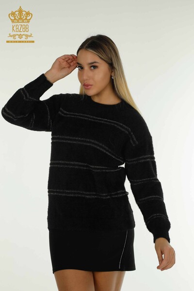Wholesale Women's Knitwear Sweater Striped Angora Black - 30680 | KAZEE - Thumbnail