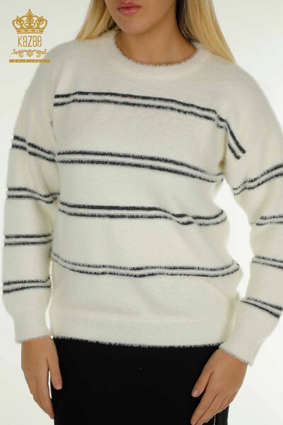 Wholesale Women's Knitwear Sweater Striped Angora Ecru - 30680 | KAZEE - Thumbnail