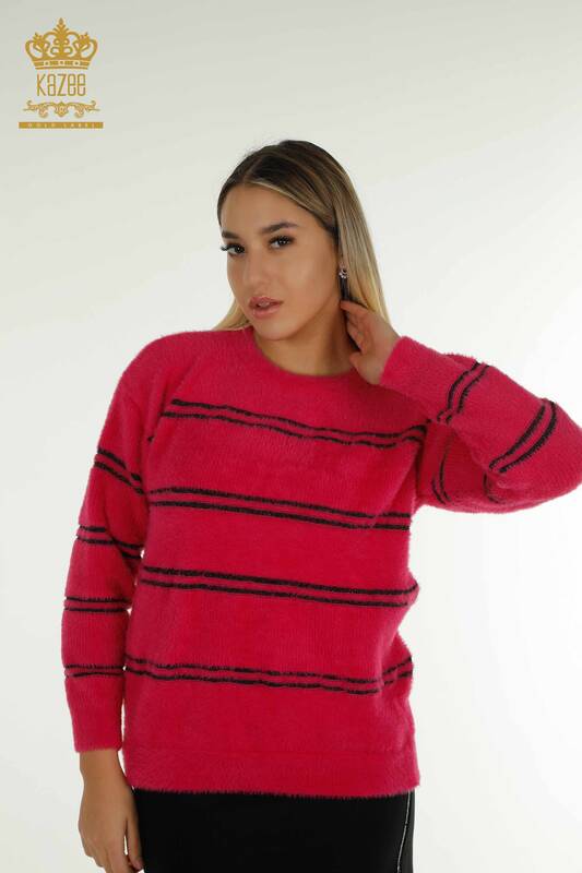 Wholesale Women's Knitwear Sweater Striped Angora Fuchsia - 30680 | KAZEE