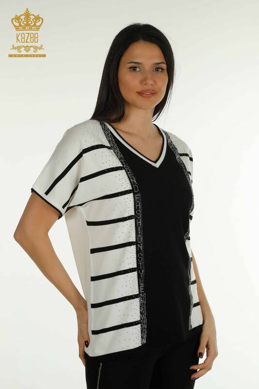 Wholesale Women's Knitwear Sweater Striped Black - 30699 | KAZEE