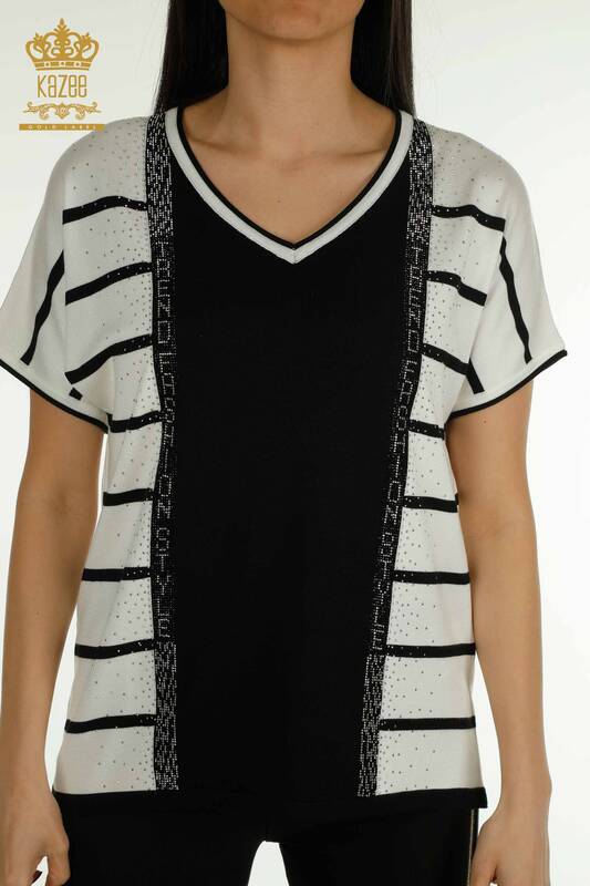 Wholesale Women's Knitwear Sweater Striped Black - 30699 | KAZEE