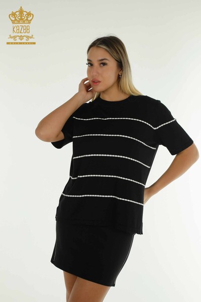 Wholesale Women's Knitwear Sweater Striped Black - 30795 | KAZEE - Kazee
