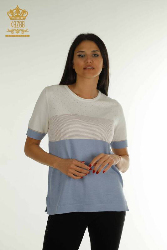 Wholesale Women's Knitwear Sweater Striped Blue - 30762 | KAZEE