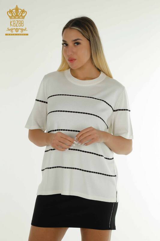 Wholesale Women's Knitwear Sweater Striped Ecru - 30795 | KAZEE