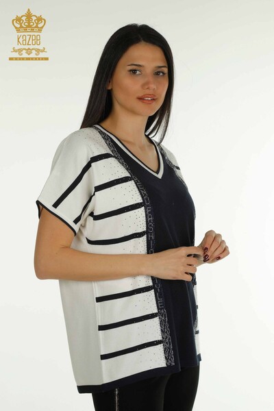 Wholesale Women's Knitwear Sweater Striped Navy Blue - 30699 | KAZEE - Thumbnail