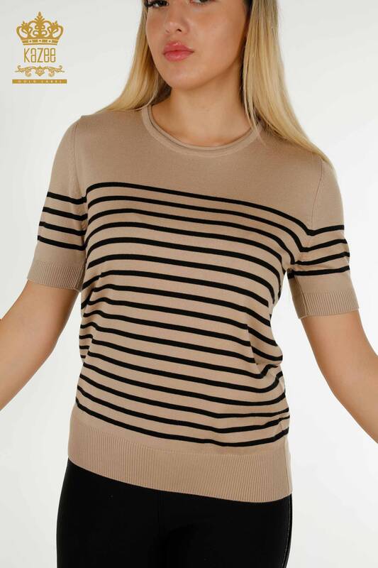 Wholesale Women's Knitwear Sweater Striped Short Sleeve Beige Black - 30396 | KAZEE