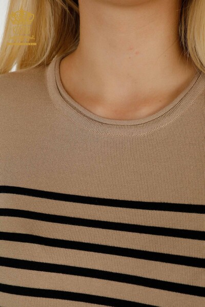 Wholesale Women's Knitwear Sweater Striped Short Sleeve Beige Black - 30396 | KAZEE - Thumbnail
