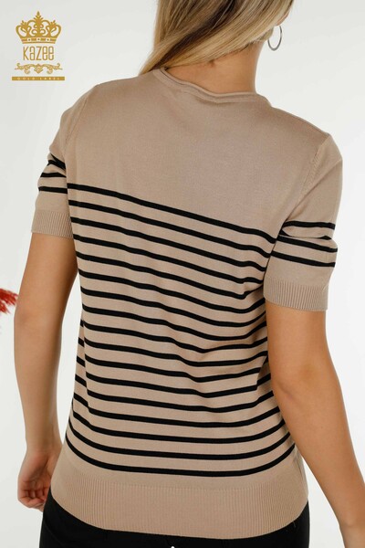 Wholesale Women's Knitwear Sweater Striped Short Sleeve Beige Black - 30396 | KAZEE - Thumbnail